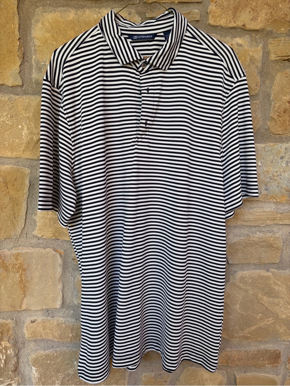 Cutters + Buck Navy and White Striped Polo